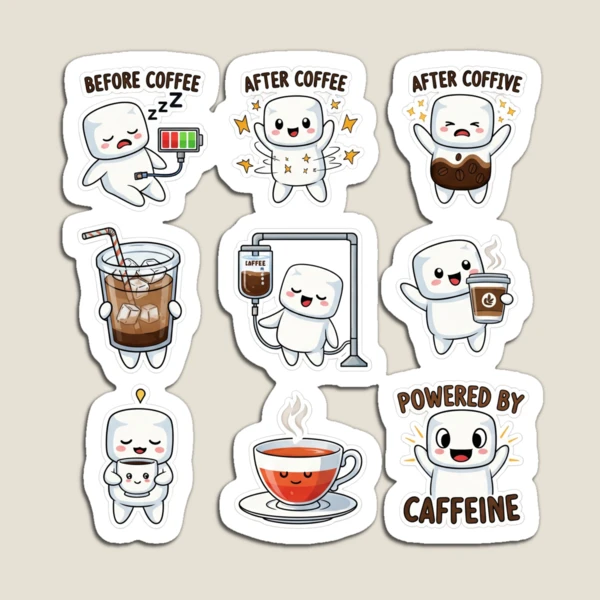 Pip's Caffeine Fix - Cute Coffee & Tea Sticker Pack — Magnet by BiMood