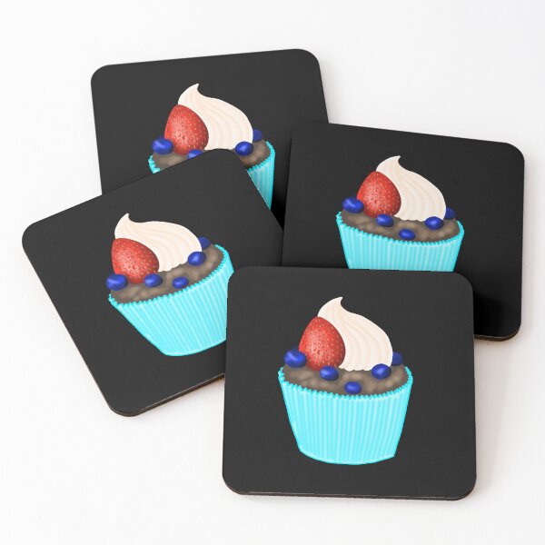 Item preview, a delicious chocolate cupcake in a light blue paper form, decorated with white cream, a fresh strawberry and juicy blueberries designed and sold by katecheerycake.