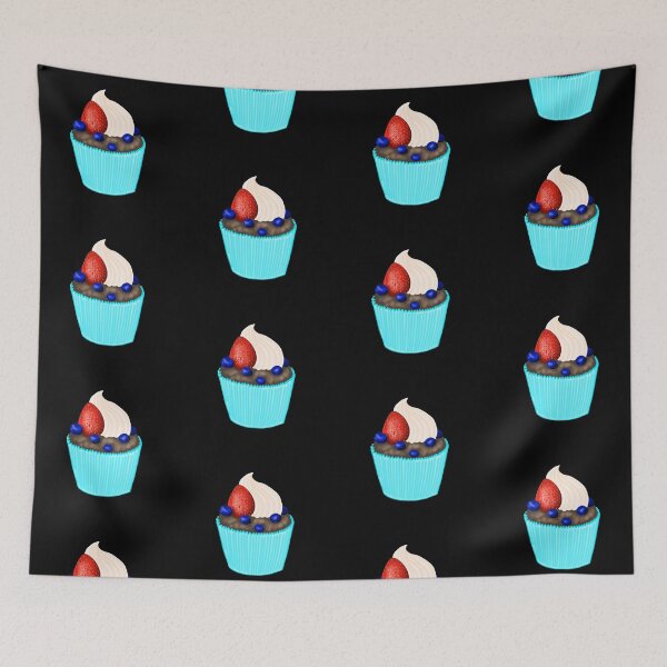 Item preview, a delicious chocolate cupcake in a light blue paper form, decorated with white cream, a fresh strawberry and juicy blueberries designed and sold by katecheerycake.