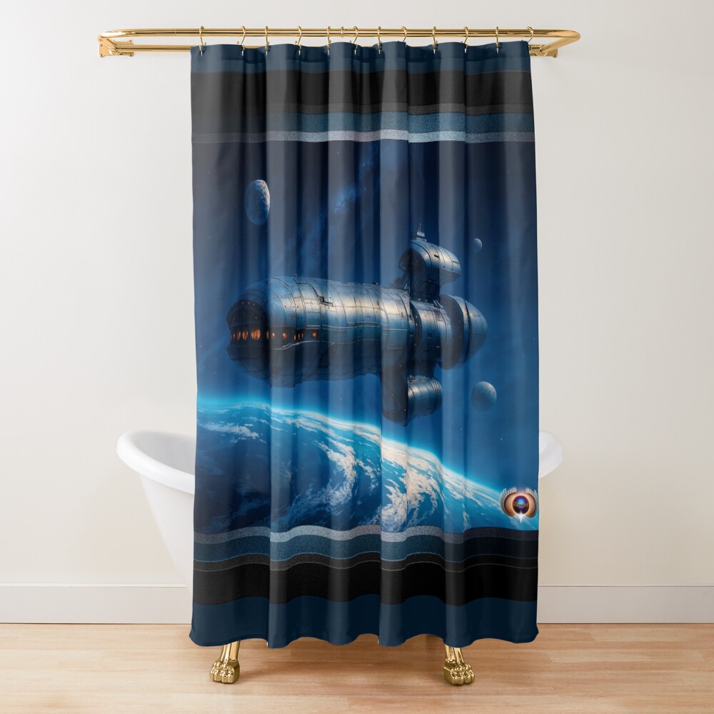 Exploration Vessel Eberus Cortan Orbiting Planet Zephius AI Concept Art by Xzendor7 | Beautiful Stellar View 2 Exploration Vessel Eberus Cortan Orbiting Planet Zephius Mesmerizing AI Concept Art by Xzendor7 Decorative Art Print Shower Curtain