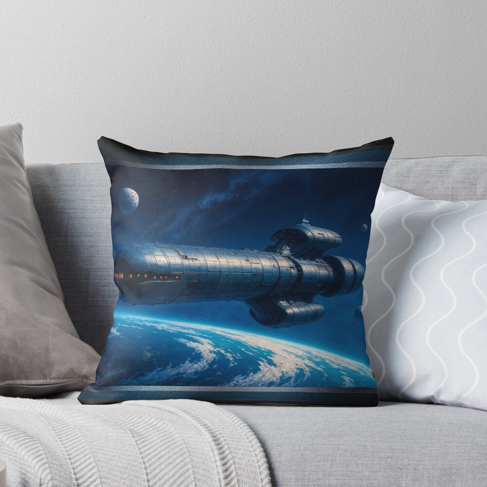 Exploration Vessel Eberus Cortan Orbiting Planet Zephius AI Concept Art by Xzendor7 | Beautiful Stellar View 3 Exploration Vessel Eberus Cortan Orbiting Planet Zephius Mesmerizing AI Concept Art by Xzendor7 Decorative Art Print Throw Pillow