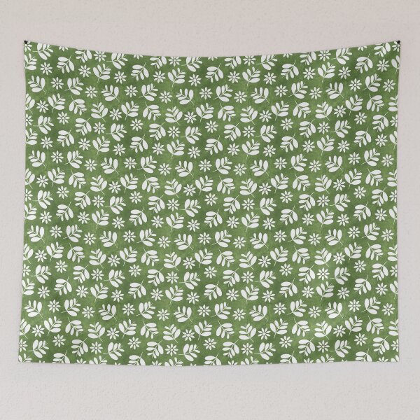 Item preview, White Leaves And Flowers On A Sage Green Watercolor Background designed and sold by QuestingPixel.