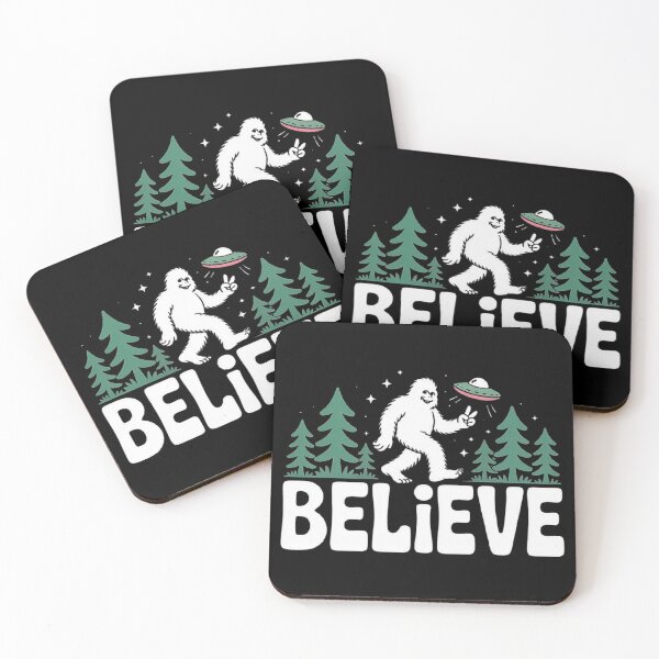 Item preview, Bigfoot and UFO Forest Scene with Believe Message – Cryptid Alien Art designed and sold by love3617.
