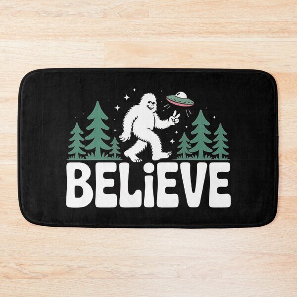 Item preview, Bigfoot and UFO Forest Scene with Believe Message – Cryptid Alien Art designed and sold by love3617.