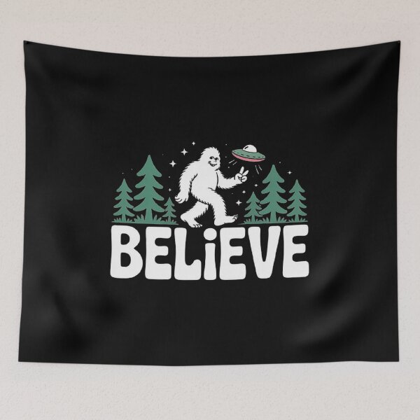 Item preview, Bigfoot and UFO Forest Scene with Believe Message – Cryptid Alien Art designed and sold by love3617.