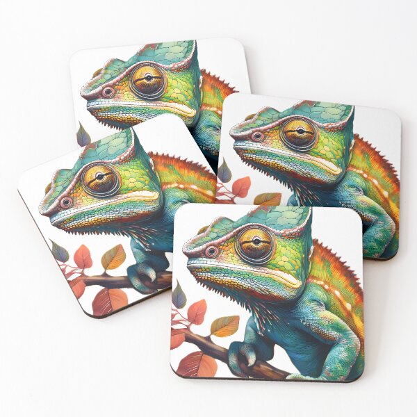 Item preview, A vivid, close-up illustration of a chameleon with striking green, blue, and orange scales, perched on a branch designed and sold by homydesign.
