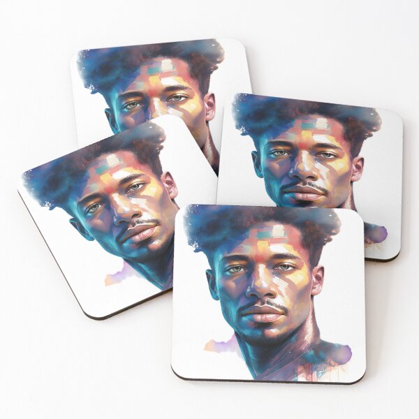 Item preview, A striking portrait of a young man with dark, textured hair and an intense gaze, rendered with bold, vibrant watercolor splashes, conveying a powerful and artistic energy designed and sold by homydesign.