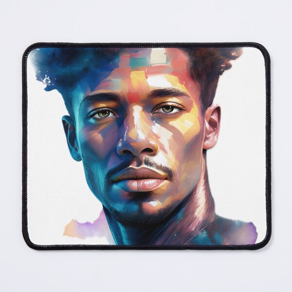 Item preview, A striking portrait of a young man with dark, textured hair and an intense gaze, rendered with bold, vibrant watercolor splashes, conveying a powerful and artistic energy designed and sold by homydesign.