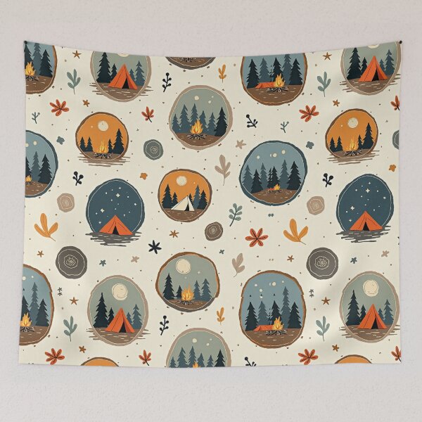 Item preview, Vintage Camping Badges Pattern with Cozy Camp Scenes designed and sold by Junkie-Worx.