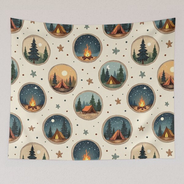 Item preview, Cozy Camping Badges Pattern with Vintage Adventure Scenes designed and sold by Junkie-Worx.