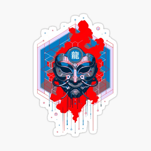 Aperçu de l'œuvre Masque de dragon cyberpunk – Visage d'Oni Techno Mecha avec symbole Kanji | Esthétique futuriste du samouraï créée et vendue par SeoulInkSoul.