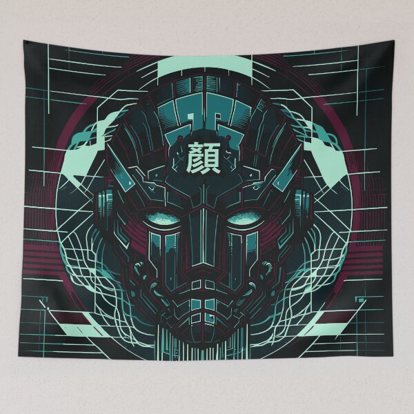 Item preview, Cyberpunk Face of the Machine – Futuristic Mask with Chinese Character 顏 | Dark Techno Identity Grid Design designed and sold by SeoulInkSoul.
