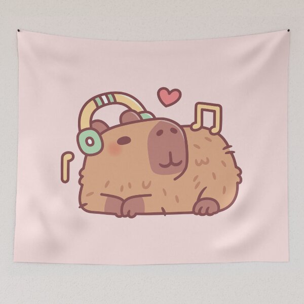 Aperçu de l'œuvre Capybara mignon avec un casque se relaxant au son de la musique créée et vendue par rustydoodle.