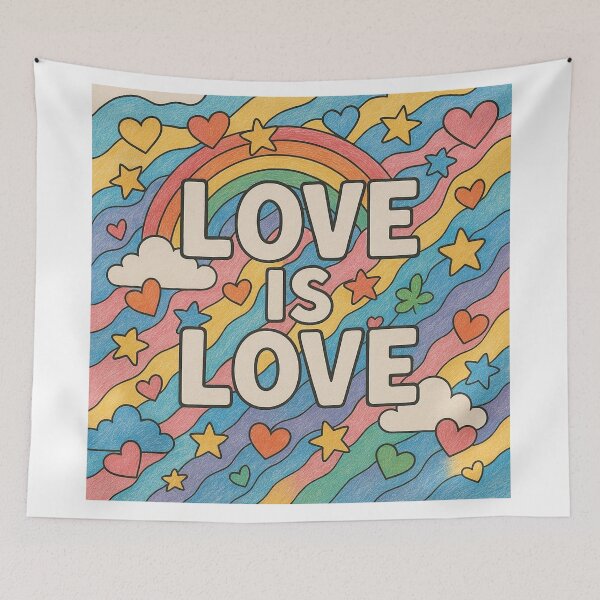 Item preview, vibrant rainbow arches over a colorful background filled with hearts designed and sold by lottekioplw.
