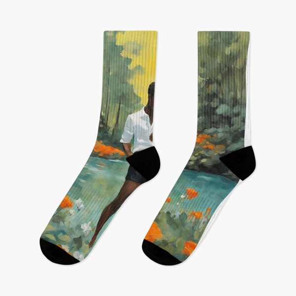Item preview, Two people stand near a serene river surrounded by vibrant flowers and a lush forest designed and sold by lottekioplw.