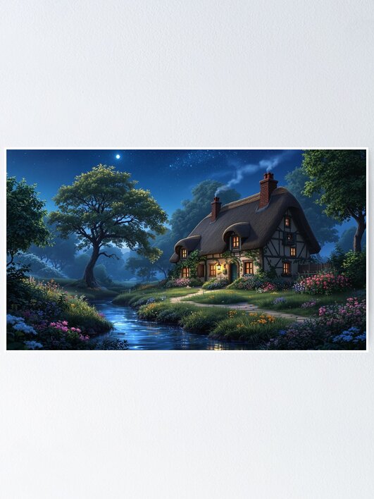 Thumbnail 1 of 3, Poster, Night Time at the Cottage designed and sold by LenCarol.