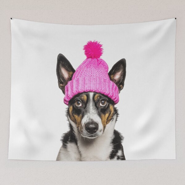 Item preview, Cozy Australian Cattle dog Wearing Pink Winter Hat Trendy Animal Fashion Artwork designed and sold by LazyOwlStore.