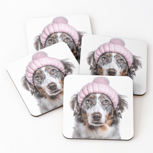 Item preview, Cozy Australian Shepherd dog Wearing Pink Winter Hat Trendy Animal Fashion Artwork designed and sold by LazyOwlStore.
