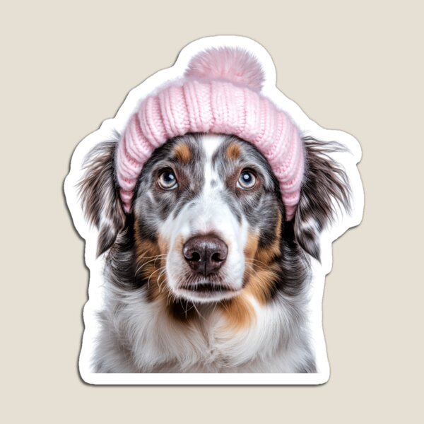 Item preview, Cozy Australian Shepherd dog Wearing Pink Winter Hat Trendy Animal Fashion Artwork designed and sold by LazyOwlStore.
