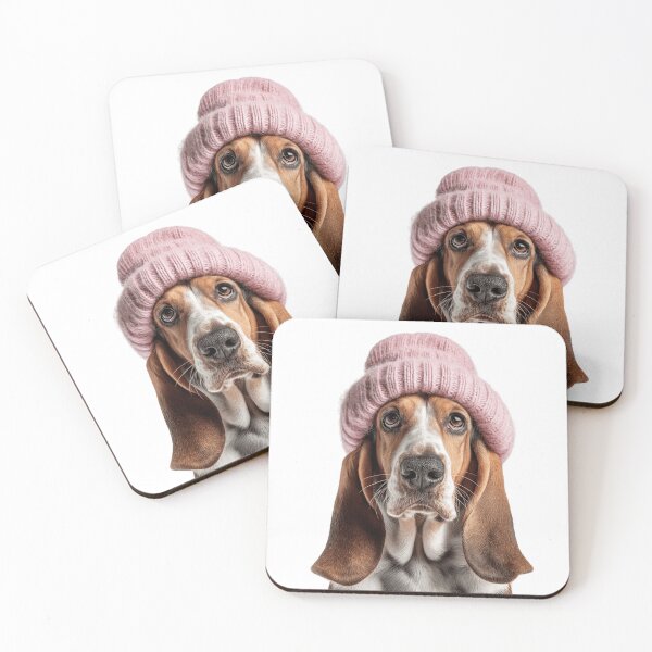 Item preview, Cozy Basset Hound dog Wearing Pink Winter Hat Trendy Animal Fashion Artwork designed and sold by LazyOwlStore.