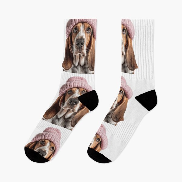Item preview, Cozy Basset Hound dog Wearing Pink Winter Hat Trendy Animal Fashion Artwork designed and sold by LazyOwlStore.