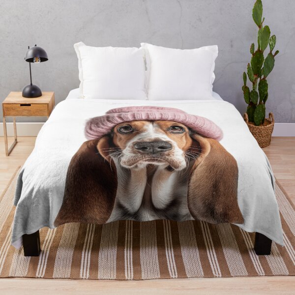 Item preview, Cozy Basset Hound dog Wearing Pink Winter Hat Trendy Animal Fashion Artwork designed and sold by LazyOwlStore.