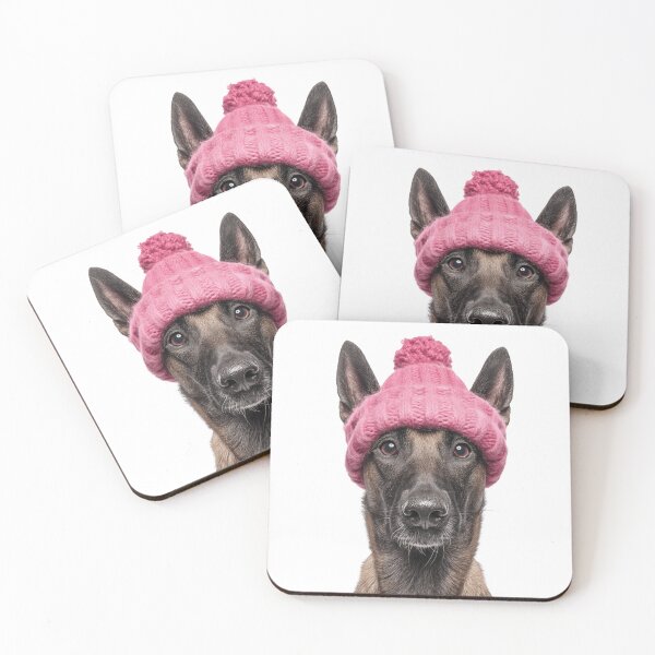 Item preview, Cozy Belgian Malinois dog Wearing Pink Winter Hat Trendy Animal Fashion Artwork designed and sold by LazyOwlStore.