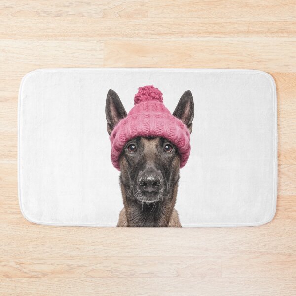 Item preview, Cozy Belgian Malinois dog Wearing Pink Winter Hat Trendy Animal Fashion Artwork designed and sold by LazyOwlStore.