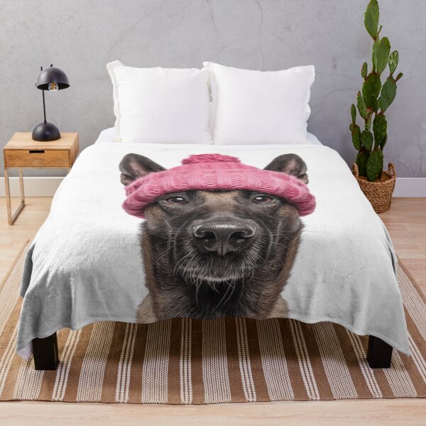 Item preview, Cozy Belgian Malinois dog Wearing Pink Winter Hat Trendy Animal Fashion Artwork designed and sold by LazyOwlStore.