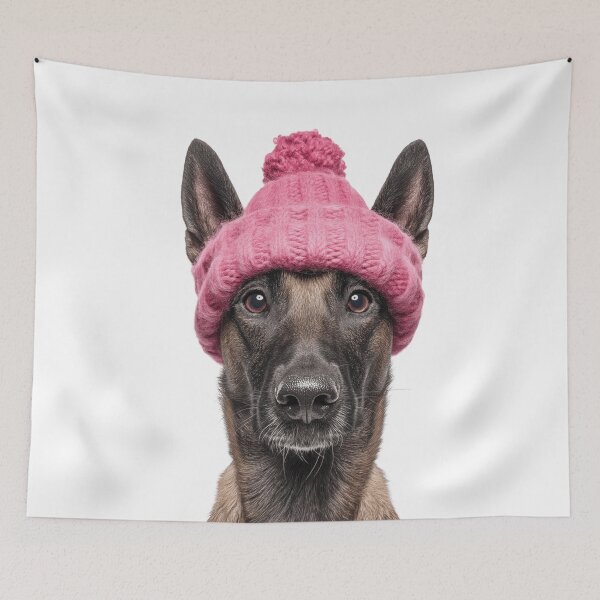 Item preview, Cozy Belgian Malinois dog Wearing Pink Winter Hat Trendy Animal Fashion Artwork designed and sold by LazyOwlStore.