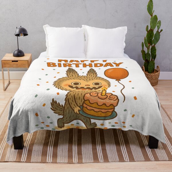 Item preview, Labubu with Birthday Cake and Balloon on Yellow Background designed and sold by Places On Earth.