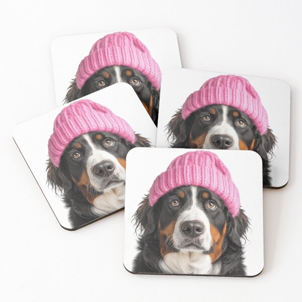 Artikelvorschau, Gemütlicher Berner Sennenhund mit rosa Wintermütze, trendiges Tiermode-Kunstwerk entworfen und verkauft von LazyOwlStore.