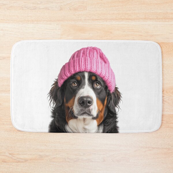 Artikelvorschau, Gemütlicher Berner Sennenhund mit rosa Wintermütze, trendiges Tiermode-Kunstwerk entworfen und verkauft von LazyOwlStore.