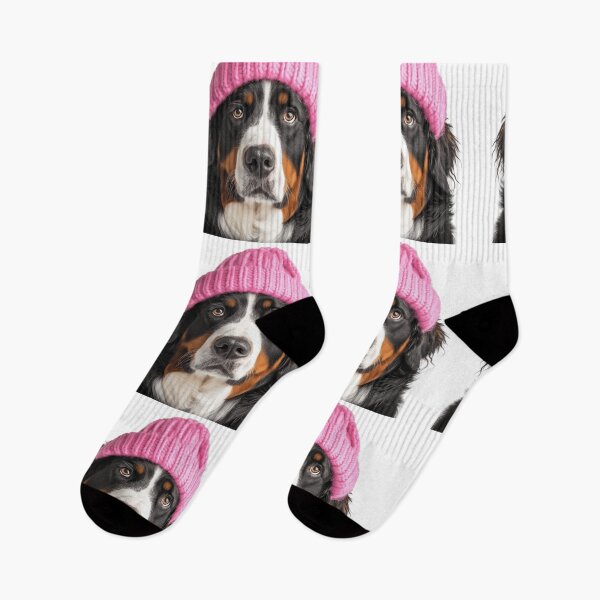 Item preview, Cozy Bernese Mountain dog Wearing Pink Winter Hat Trendy Animal Fashion Artwork designed and sold by LazyOwlStore.