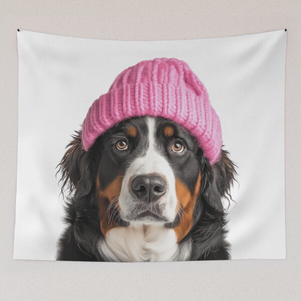 Artikelvorschau, Gemütlicher Berner Sennenhund mit rosa Wintermütze, trendiges Tiermode-Kunstwerk entworfen und verkauft von LazyOwlStore.