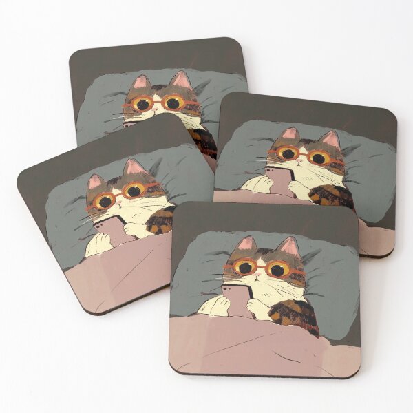 Item preview, Cat with glasses playing smartphone, chilling in bed designed and sold by 516 Studio.