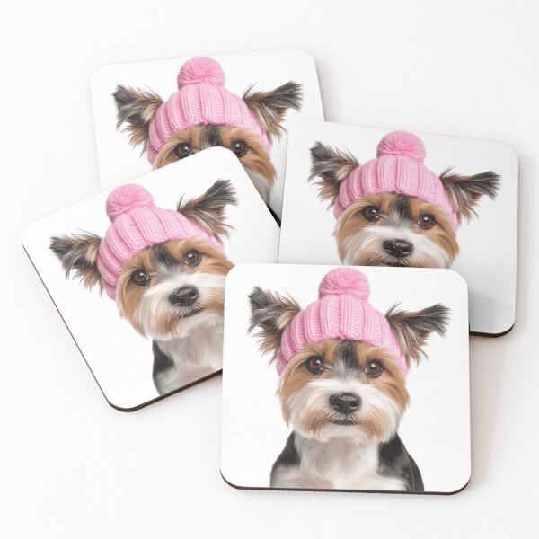 Item preview, Cozy Biewer Terrier dog Wearing Pink Winter Hat Trendy Animal Fashion Artwork designed and sold by LazyOwlStore.