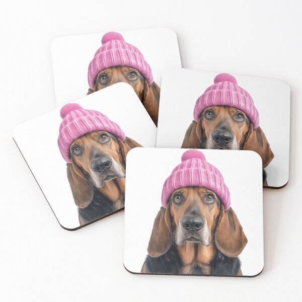 Item preview, Cozy Bloodhound dog Wearing Pink Winter Hat Trendy Animal Fashion Artwork designed and sold by LazyOwlStore.