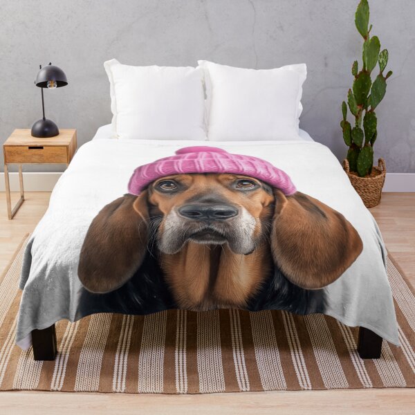 Item preview, Cozy Bloodhound dog Wearing Pink Winter Hat Trendy Animal Fashion Artwork designed and sold by LazyOwlStore.