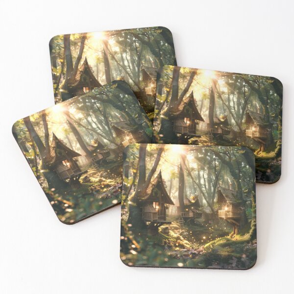 Item preview, Enchanted tree houses in the magical light of the forest designed and sold by CosmicGlyph.