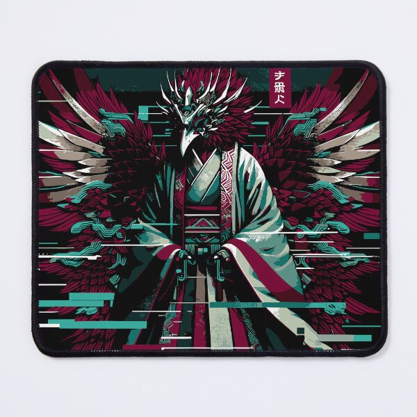 Item preview, Cyber Samurai Bird Warrior – Japanese Glitch Mask Art with Wings designed and sold by SeoulInkSoul.