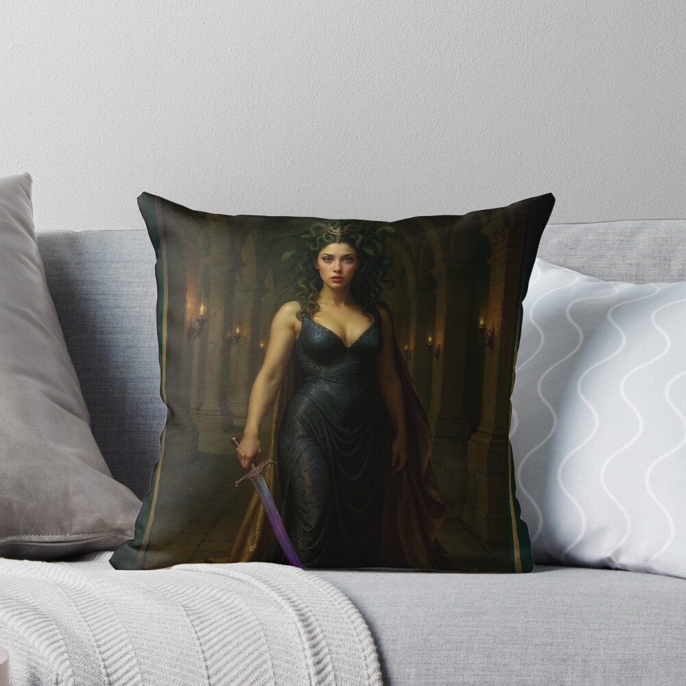 Portrét Medúzy ve starověkém chrámu Xylia Morianna AI Concept Art od Xzendor7 | Kráska v temnotě 3 Portrait Of Medusa In The Ancient Temple Of Xylia Morianna Captivating AI Concept Art by Xzendor7 Decorative Art Print Throw Pillow