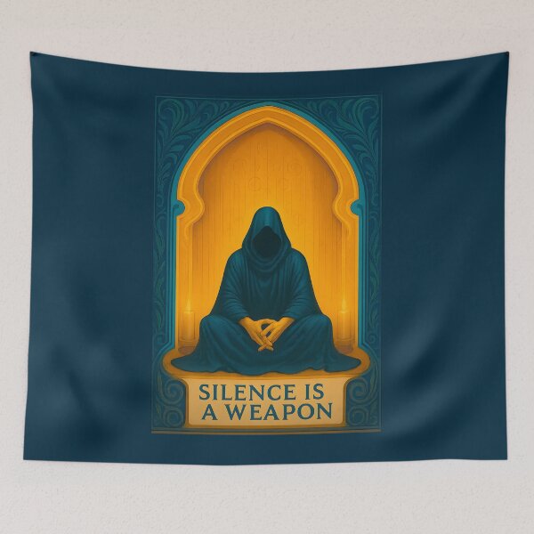 Item preview, Silence Is a Weapon – Hooded Monk Wisdom in Candlelit Chamber designed and sold by Shoot-The-Moon.