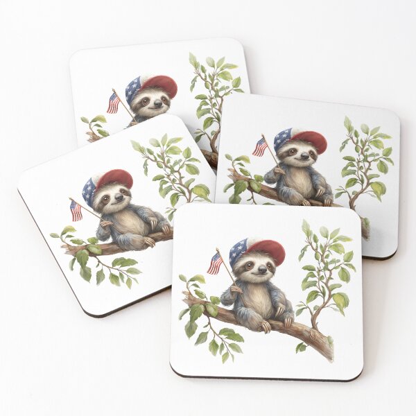 Item preview, Cute sloth wearing a patriotic hat and holding a small American flag while sitting on a tree branch designed and sold by Ms. Iryna.
