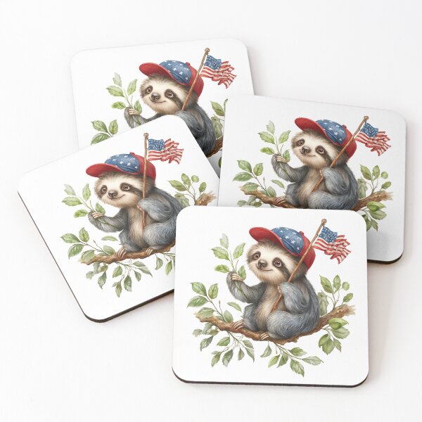 Item preview, Cute sloth wearing a cap and holding an American flag on a branch in a playful setting designed and sold by Ms. Iryna.
