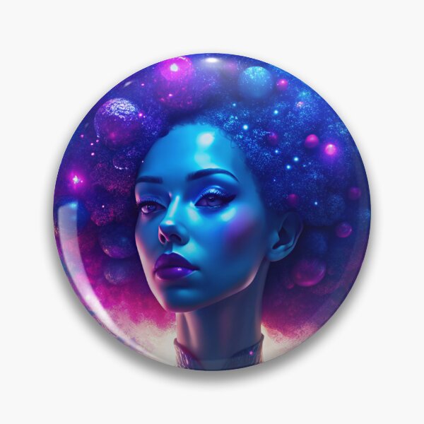 Item preview, generated with AI from my own image A woman with purple and blue hair covered with planets, with a space background designed and sold by katecheerycake.