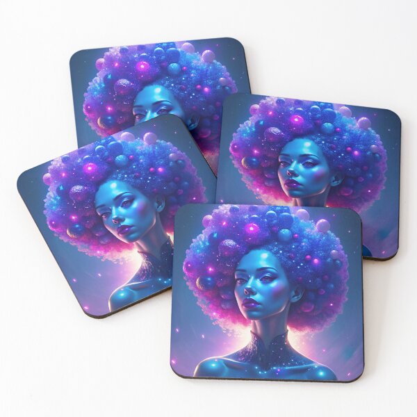 Item preview, generated with AI from my own image A woman with purple and blue hair covered with planets, with a space background designed and sold by katecheerycake.