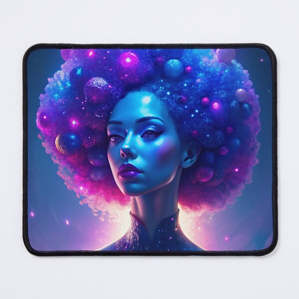 Item preview, generated with AI from my own image A woman with purple and blue hair covered with planets, with a space background designed and sold by katecheerycake.
