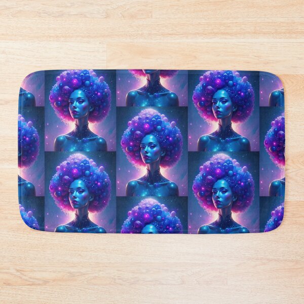 Item preview, generated with AI from my own image A woman with purple and blue hair covered with planets, with a space background designed and sold by katecheerycake.