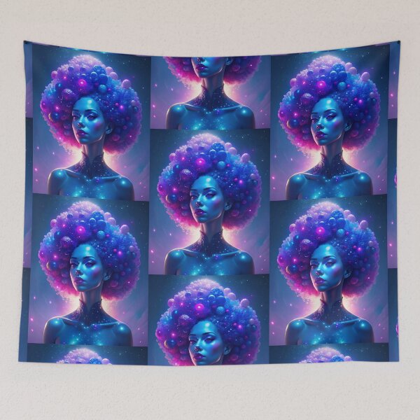 Item preview, generated with AI from my own image A woman with purple and blue hair covered with planets, with a space background designed and sold by katecheerycake.